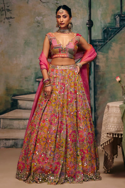 Multicoloured sequin embroidered lehenga set