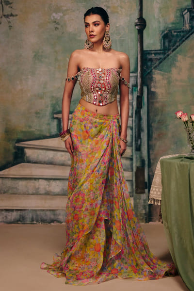 Multicoloured embroidered drape skirt set