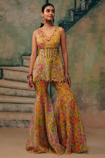 Multicoloured mirror embroidered sharara set