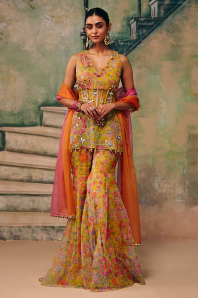 Multicoloured floral embroidered sharara set