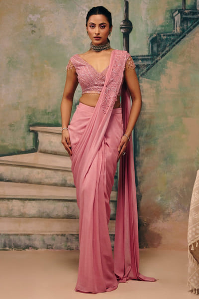 Dusty rose embellished pre draped sari set