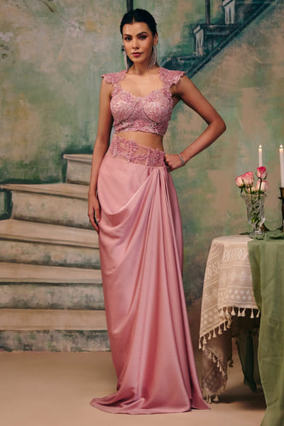 Dusty rose embroidered drape skirt set