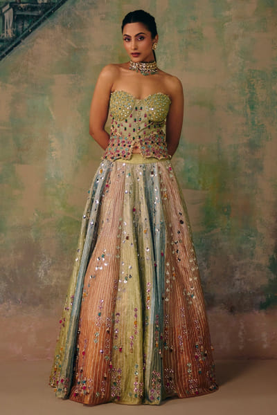 Multicoloured embroidered corset lehenga set