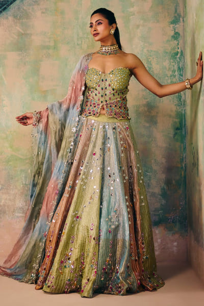 Multicoloured embellished corset lehenga set