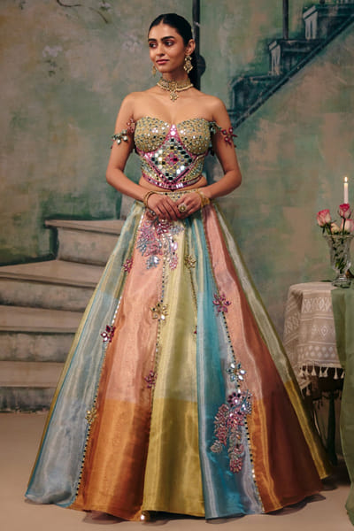 Multicoloured mirror embroidered lehenga set