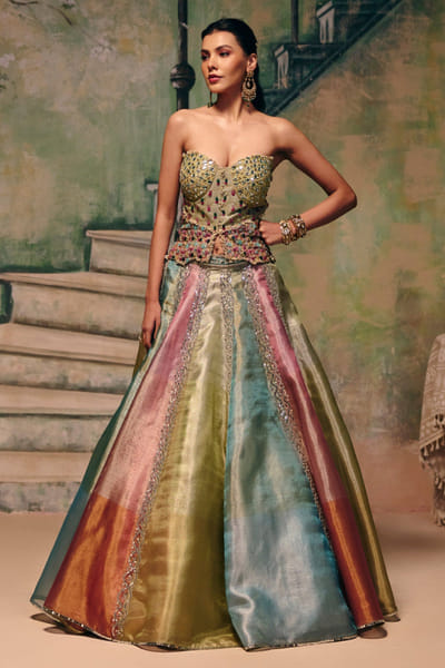 Multicoloured sequin embellished lehenga set