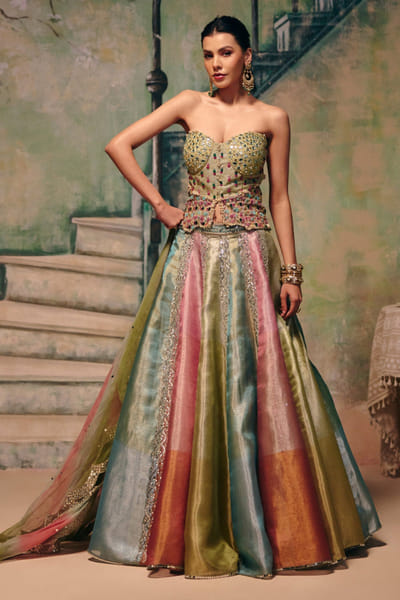 Multicolour mirror embroidered lehenga set