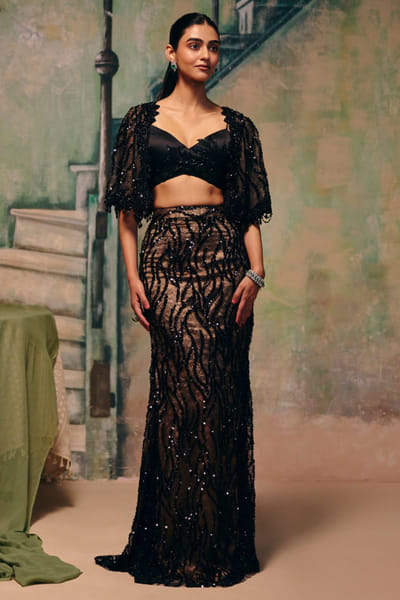 Black sequin embroidered jacket skirt set