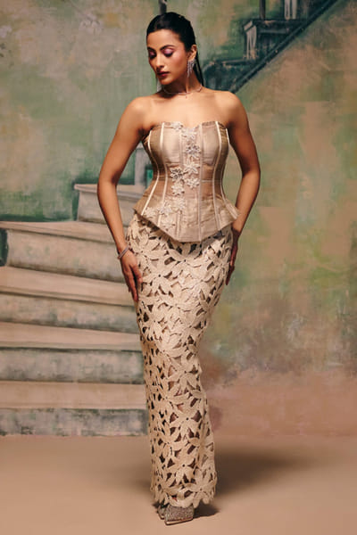 White and champagne floral drape skirt set