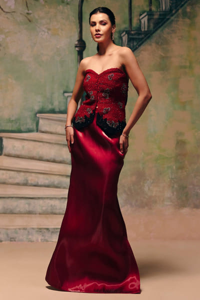 Red embellished corset skirt set