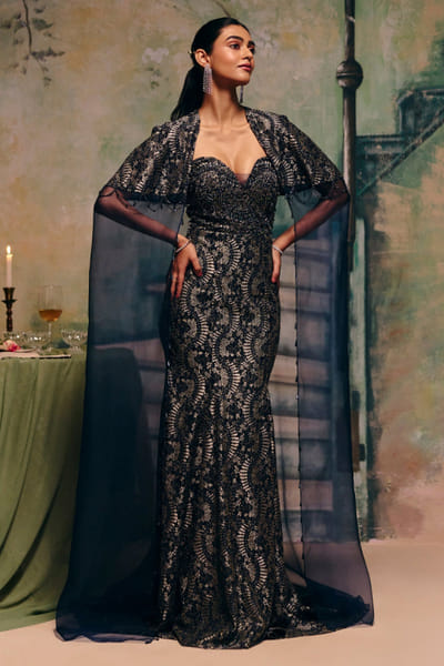 Navy blue embellished cape gown