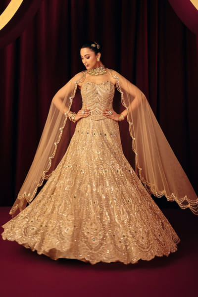 Gold crystal embellished corset lehenga set
