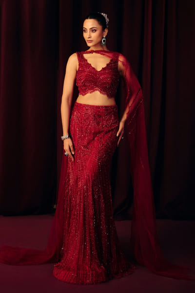 Label Moni K Red bead embellished mermaid lehenga set LABFEB26D138415