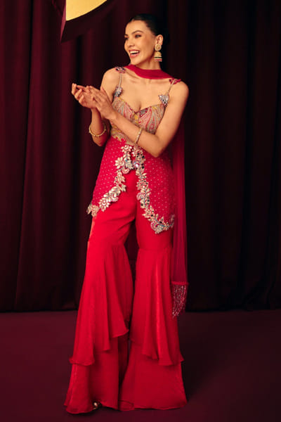 Pink thread embroidered tiered sharara set