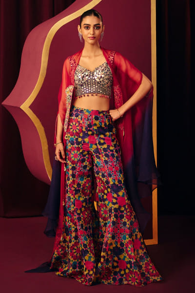 Multicoloured mirror work cape sharara set