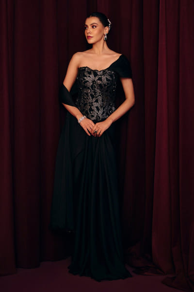 Black embellished corset drape skirt sari set