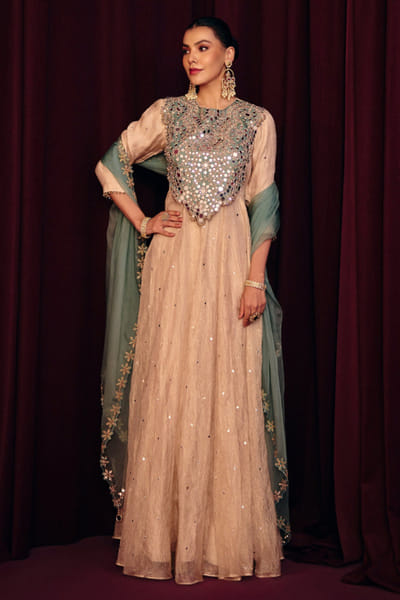 Gold mirror embroidered anarkali set