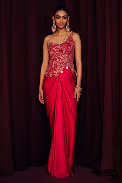 Pink embellished corset drape skirt set