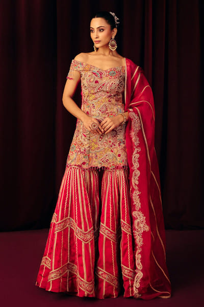 Pink paisley embroidered sharara set