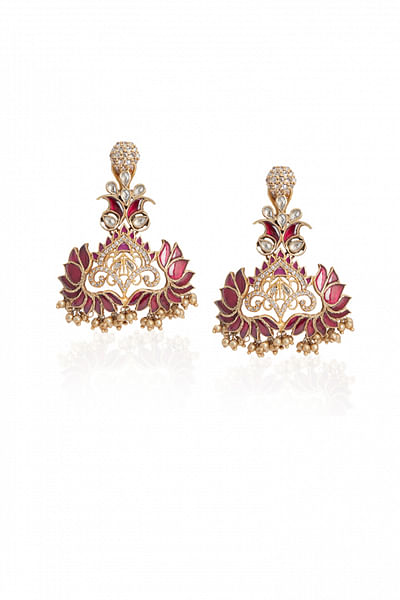 Gold and maroon kundan earrings