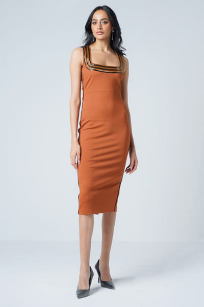 Brown hand embroidered bodycon dress