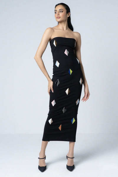 Black hand embroidered bodycon dress