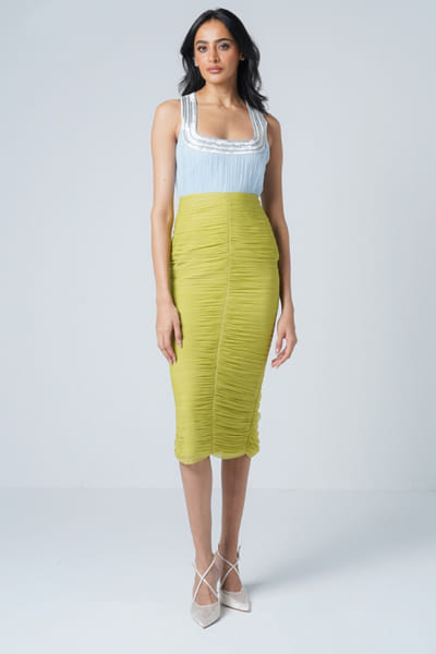 Sameer Madan Neon green and powder blue bodycon dress SAMAPR26D141803