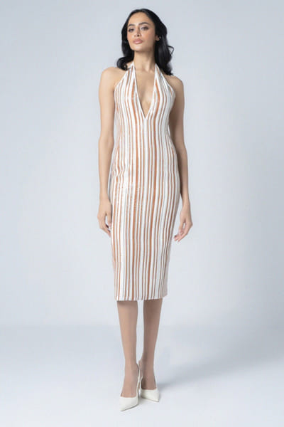 White and brown embroidered bodycon dress