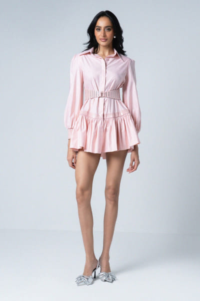 Pink hand embroidered mini shirt dress