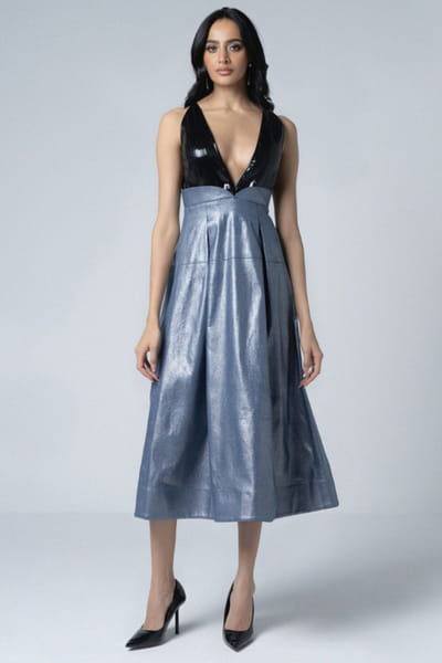 Blue and black denim-faux leather midi dress