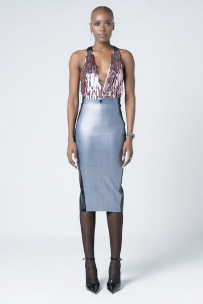 Blue faux leather and denim skirt