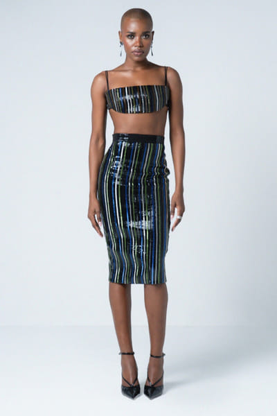 Black stripe embroidered faux leather skirt