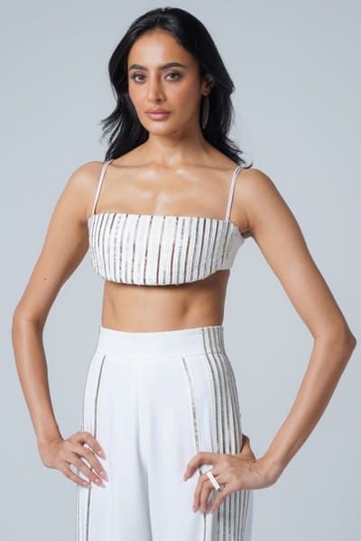 White linear hand-embroidered bralette