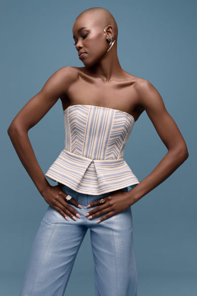 Blue and almond striped faux leather top