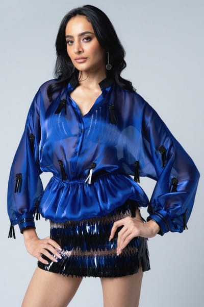 Electric blue hand embroidered top