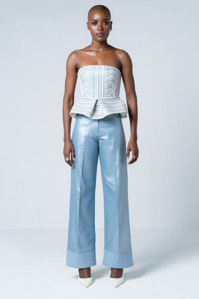 Blue faux leather and denim trousers