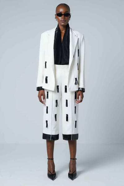 White sequin-faux leather embellished culottes