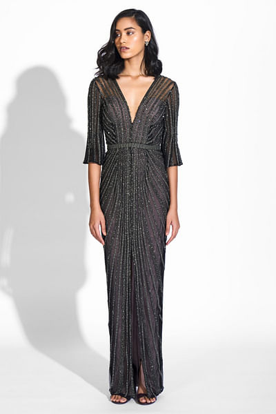 Gunmetal bead embellished gown