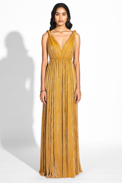 Mustard micro-pleated shimmer gown