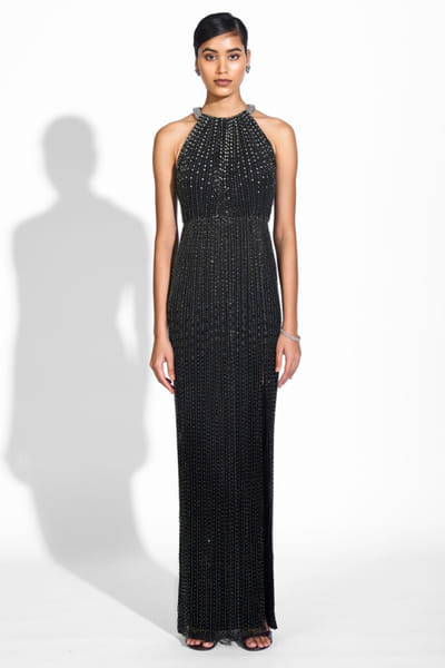 Black crystal embellished gown