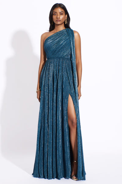 Teal micro-pleated shimmer gown