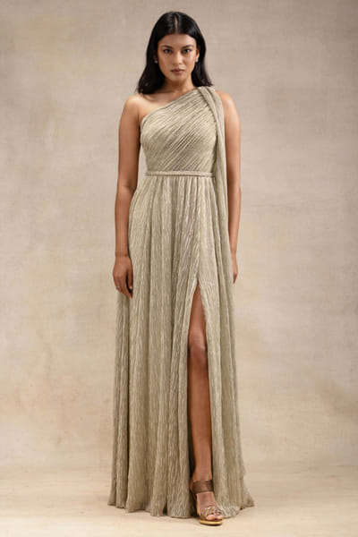 Champagne micro-pleated shimmer gown