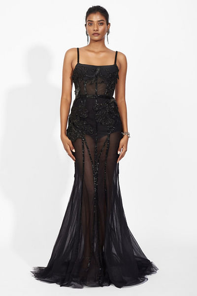 Black 3D bead embroidered gown