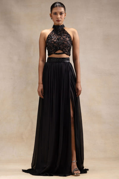 Black embroidered top and skirt