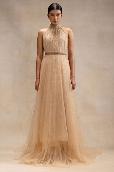 Light beige sequinned tunic and skirt