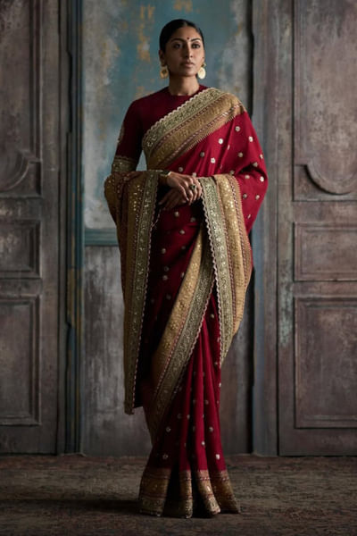 Red embroidered sari set
