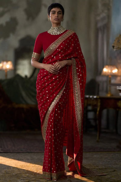 Red embroidered sari set