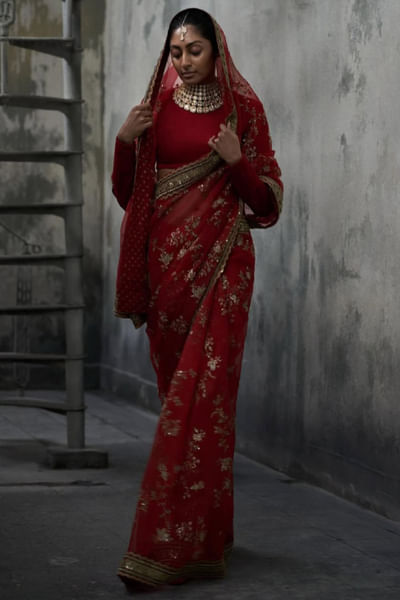 Red embroidered sari set