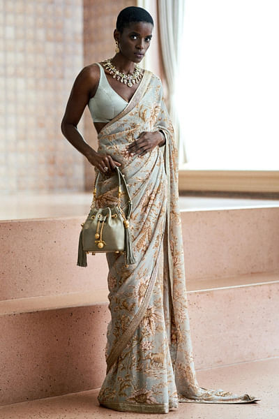 French grey printed sari