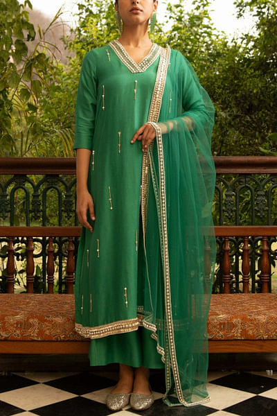 Green embroidered kurta set